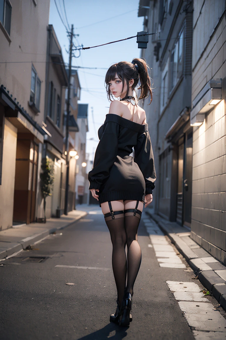 (((nsfw0.8))),Looking into the camera,(((Highest quality, 8k, masterpiece))), ponytail,Sharp focus, (Beautiful woman with perfect figure), thin, (Hairstyle: wonderful)), ((Back alley at night)), street: 1.2 非常に詳細な顔と肌の質感詳細な目double eyelidランダムな姿勢, (smile), Realistic Face, double eyelid,smile, Cyberpunk City , At sunset , Beautiful Teeth , Thigh straps, Wear a leather jacket、Off-the-shoulder sweater、Grey vertical rib sweater dress、Fishnet tights、garter belt、Night view、Full Body Shot, Centered,