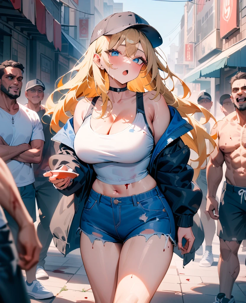 masterpiece, best quality, very aesthetic, absurdres, newest, 1girl, solo, long hair, breasts, looking at viewer, open mouth, blue eyes, multiple girls, blonde hair, large breasts, hat, cleavage, jacket, outdoors, multiple boys, shorts, choker, short shorts, blood, tank top, denim, baseball cap, 6+boys, denim shorts, zombie