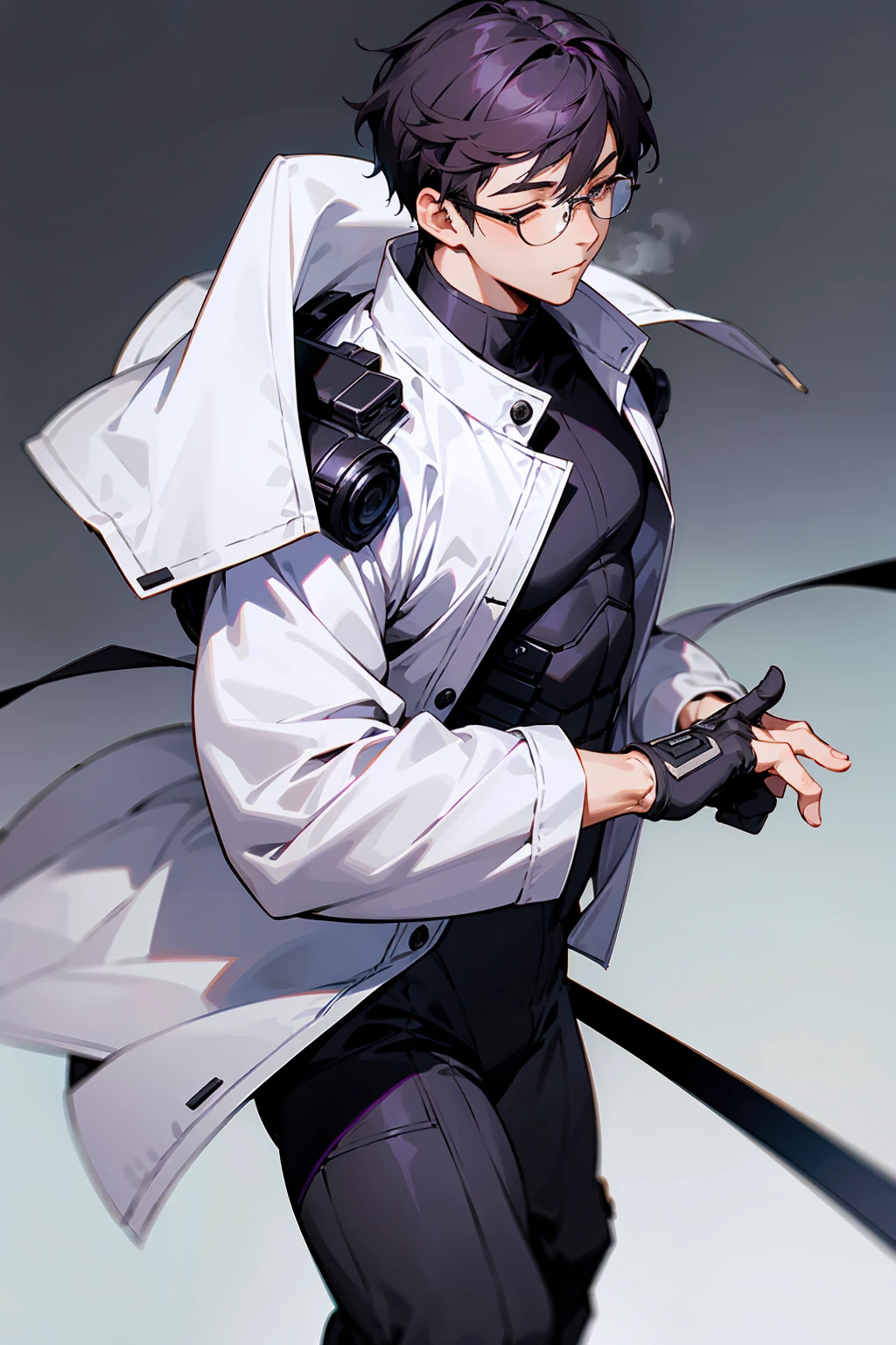 1male, Young Adult, Dark Violet Hair, Eyes Closed, Short Hair, Dojo Background, Slight Smile, Glasses, Standing In City, Detailed background, Black and White Combat Suit, White Coat