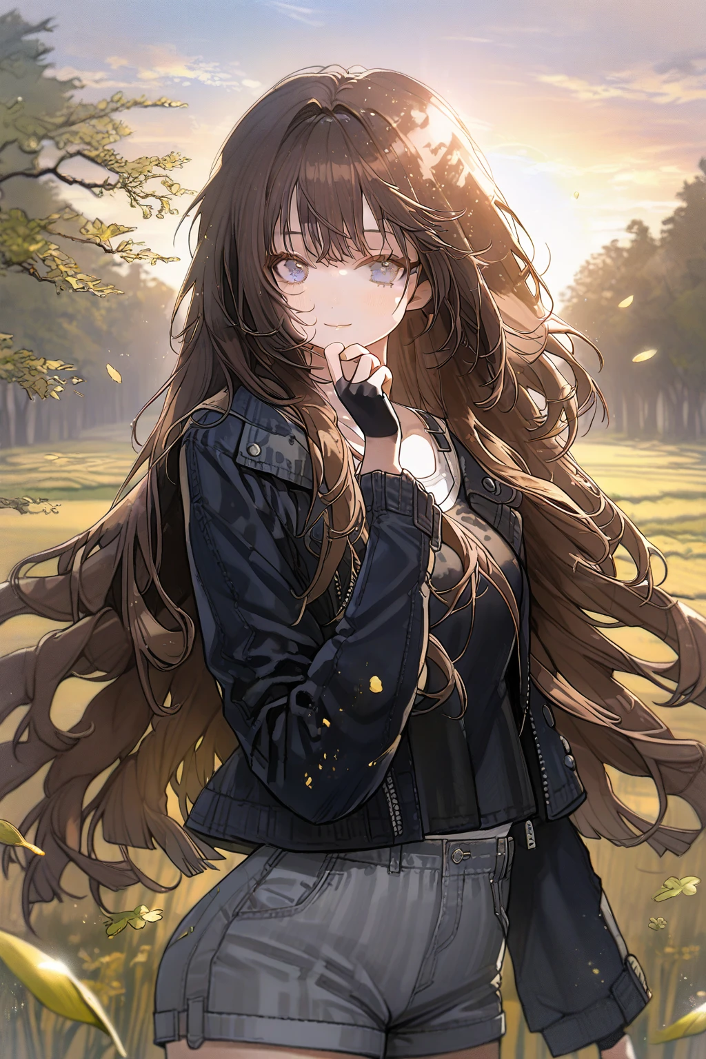 1 girl, CuteStyle, blue eyes, brown hair, long hair with bangs, flowing hair, upper body, dressed in a black T-shirt and gray shorts, black fingerless gloves, black denim jacket unbuttoned with long sleeves, standing in a field, grass, trees on the horizon, beautiful clouds, sunset, rays of the sun, specks of dust in the air, petals of green leaves, wind, light, looking at the viewer, a small smile, calm gaze, detailed, beautiful, blurred background, delicate tones