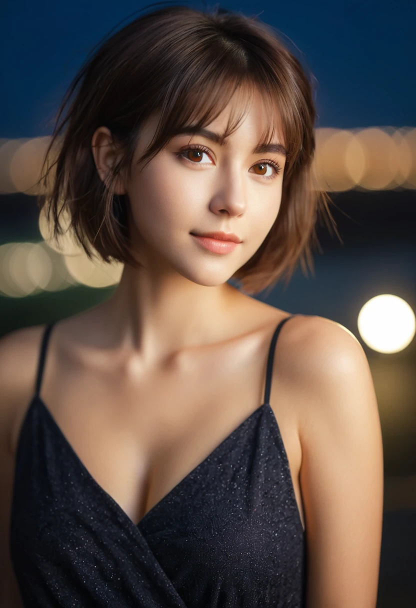 Night, RAW Photography, (((Very Beautiful Portrait))), (Very Beautiful Portrait))), 1 Girl, Sexy 25 Year Old Girl,seductive, ((Natural Brown Hair with Short Cuts)), (Brown Eyes),Gentle Smile Staring at the Camera(cleavage), ((Masterpiece, Best Quality, Ultra Detail, Cinematic Lights, Intricate Detail, High Definition, 8k, Very Detailed)), Detail Background, 8k UHD, DSLR, soft lighting, high quality, film grain, fujifilm colour, shallow depth of field, natural light, perfect face