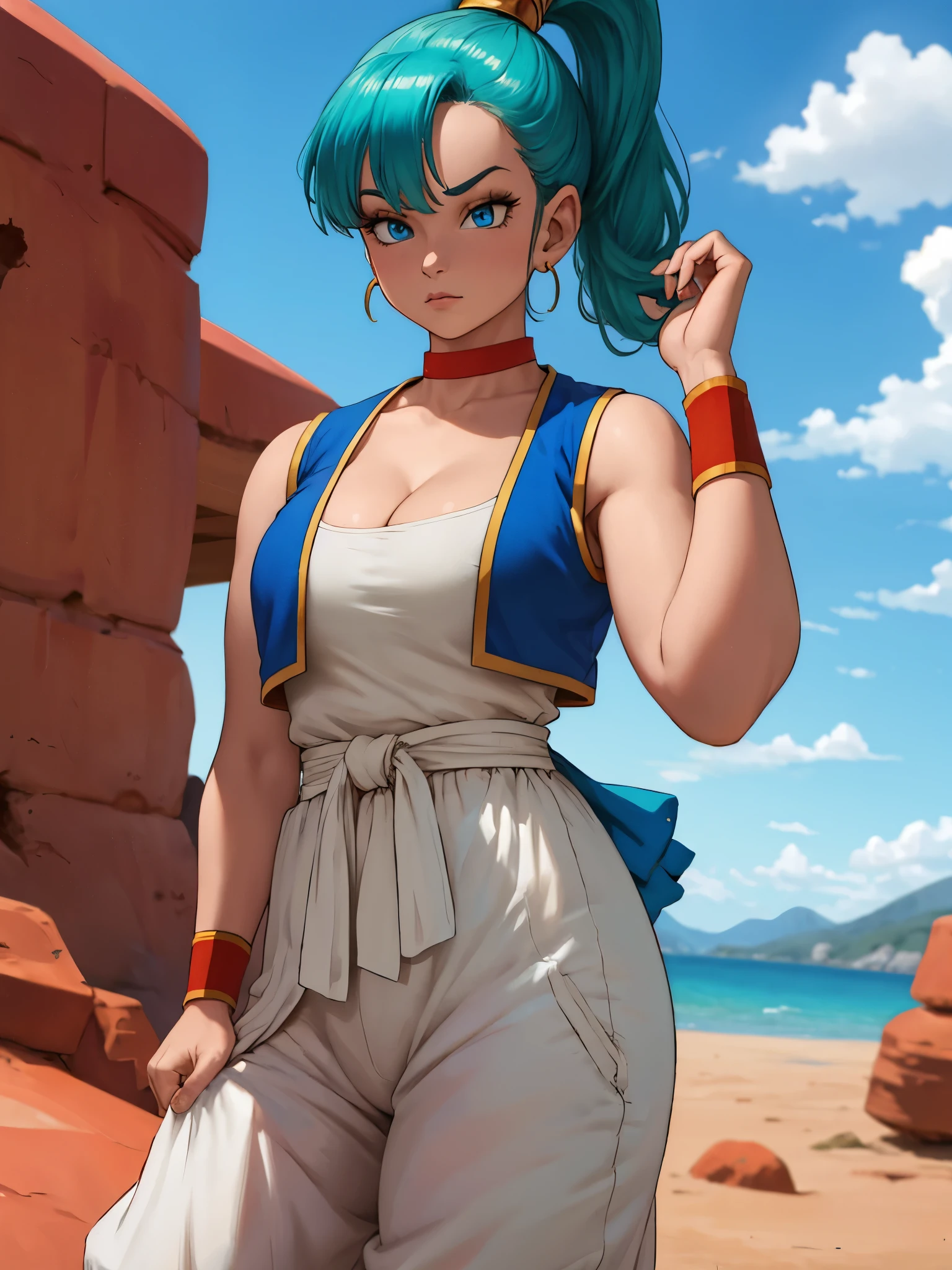 1 Mädchen, Meisterwerk, best_Qualität:0.5, highres, 4K image, (unglaublich_Einzelheiten:0.7), absurd, ((Cowboy_Winkel_Schuss:0.4)), Bild schärfen, Bulma, 1 Mädchen, Allein, blaue Augen, blue Haar, aqua Haar, bangs, Haar, hoher Pferdeschwanz, Ohrringe, arabische kleidung, weißes Hemd, blaue Weste, weiße Hosen, Schlabberhose, rote Schärpe, nackten Schultern, ärmellos, (tiefes Dekolleté), gelbes Halsband, Armband, Halsring, perfekt , perfekt body, glänzende Haut, warmer sonniger Tag, draußen, Wüstenlandschaft