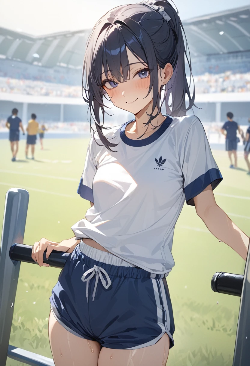 ((One girl)), masterpiece,Highest quality,High resolution、Sweat、Gym suit、White round neck shirt、Navy blue bloomers、Sportswear、smile、Small breasts、Outdoor
