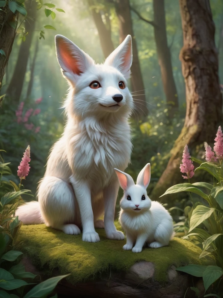 A high-resolution image featuring a realistic of white (1fox) and red (1rabbit) in a cheerful and happy setting. The rabbit, with soft white fur and pink-tinted ears, stands upright, its eyes bright and expressive. The fox, with a lush red coat and a bushy tail, sits nearby, displaying a playful demeanor. The scene is set in a softly lit forest clearing, with golden sunlight filtering through the trees, creating shimmering highlights and emphasizing the animals’ fur. The background is detailed with vibrant green foliage, scattered wildflowers, and additional elements like fallen leaves, soft grass, and small bushes, adding richness and natural beauty. A small wooden bridge or moss-covered rock could be included to enhance the scene’s charm. The overall mood is one of natural joy and tranquility, with butterflies fluttering around and small birds hopping nearby. The design style is reminiscent of a fairytale, with harmonious and beautiful natural elements. The high-detail depiction of the animals’ fur and the sharp, realistic presentation of the grass, leaves, and wildflowers create a vivid and lifelike atmosphere.