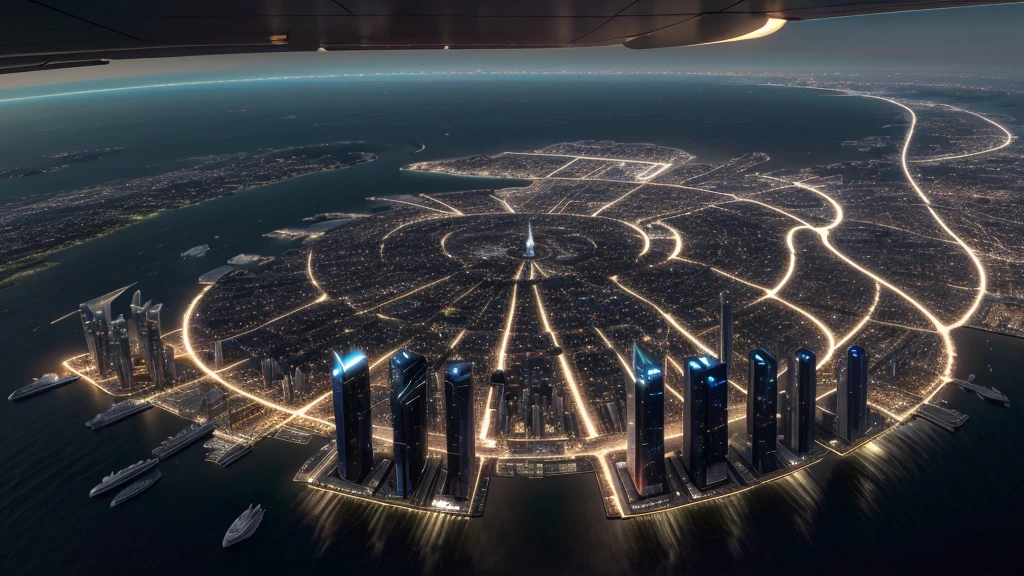 Night view from the plane,futuristic city:1.3,port,Flying spaceship,Skyscraper,masterpiece,best quality,Ultra-high resolution,(Very detailed:1.2),8K,Reality,best aesthetics,beautiful,Reduce the repetition of high-rise buildings and reduce the repetition of low-rise houses 