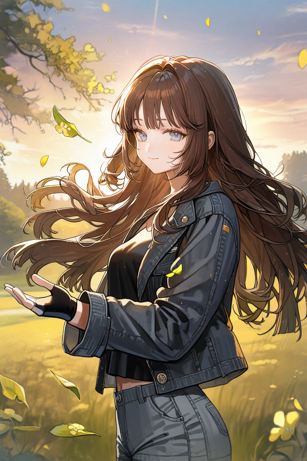 1 girl, CuteStyle, blue eyes, brown hair, long hair with bangs, flowing hair, upper body, dressed in a black T-shirt and gray shorts, black fingerless gloves, black denim jacket unbuttoned with long sleeves, standing in a field, grass, trees on the horizon, beautiful clouds, sunset, rays of the sun, specks of dust in the air, petals of green leaves, wind, light, looking at the viewer, a small smile, calm gaze, detailed, beautiful, blurred background, delicate tones