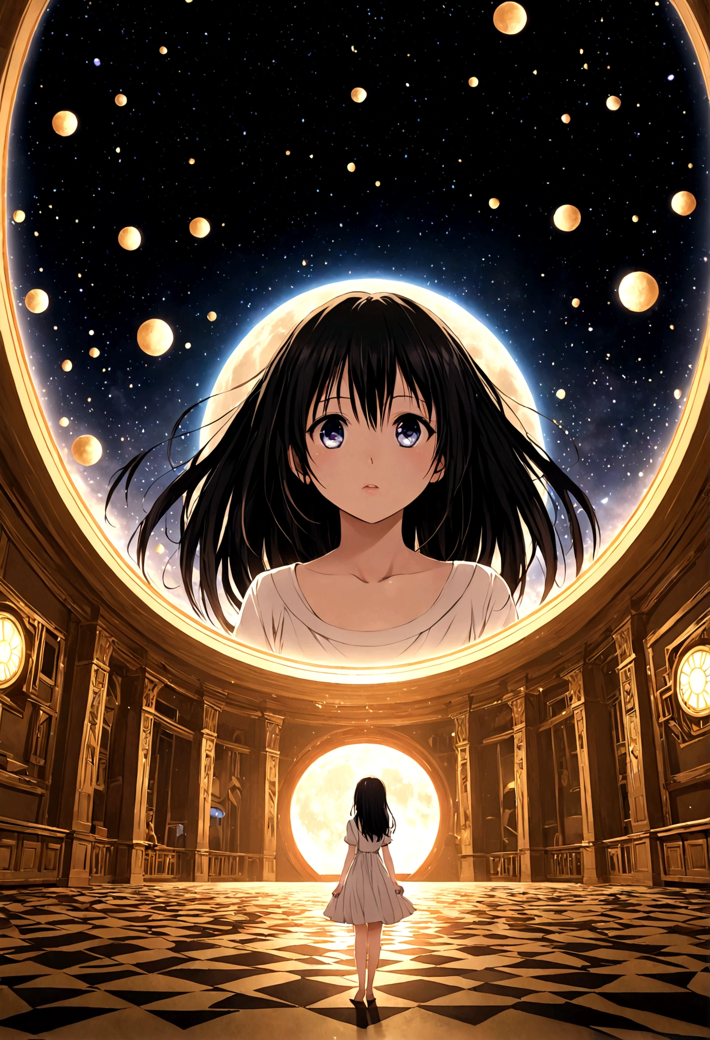 kotegawa yui(woman\(student, 20-year-old, ＪＫ, Long black hair floating, Space-colored eyes, underwear, Pale skin) Looking up at the sky),Inside the room、 Beautiful sky, Beautiful Clouds, (Transparent bubbles shine like prisms here and there in the sky), There is a noon moon and a noon star in the sky, In a crowded downtown, break ,quality\(8k,非常に精細なCGユニットのwallpaper, masterpiece,High resolution,top-quality,top-quality real texture skin,Surreal,Increase the resolution,RAW Photos,最高quality,Very detailed,wallpaper,Cinema Lighting,Ray-tracing,Golden Ratio\),(Long Shot),Wide Shot,