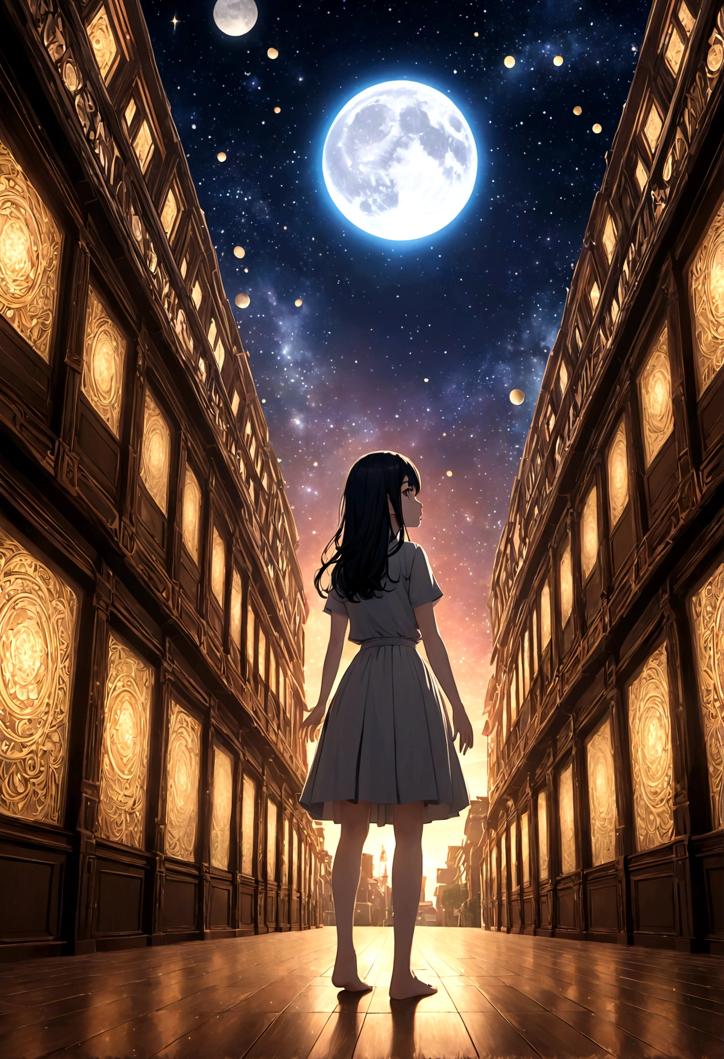 kotegawa yui(woman\(student, 20-year-old, ＪＫ, Long black hair floating, Space-colored eyes, underwear, Pale skin) Looking up at the sky),Inside the room、 Beautiful sky, Beautiful Clouds, (Transparent bubbles shine like prisms here and there in the sky), There is a noon moon and a noon star in the sky, In a crowded downtown, break ,quality\(8k,非常に精細なCGユニットのwallpaper, masterpiece,High resolution,top-quality,top-quality real texture skin,Surreal,Increase the resolution,RAW Photos,最高quality,Very detailed,wallpaper,Cinema Lighting,Ray-tracing,Golden Ratio\),(Long Shot),Wide Shot,