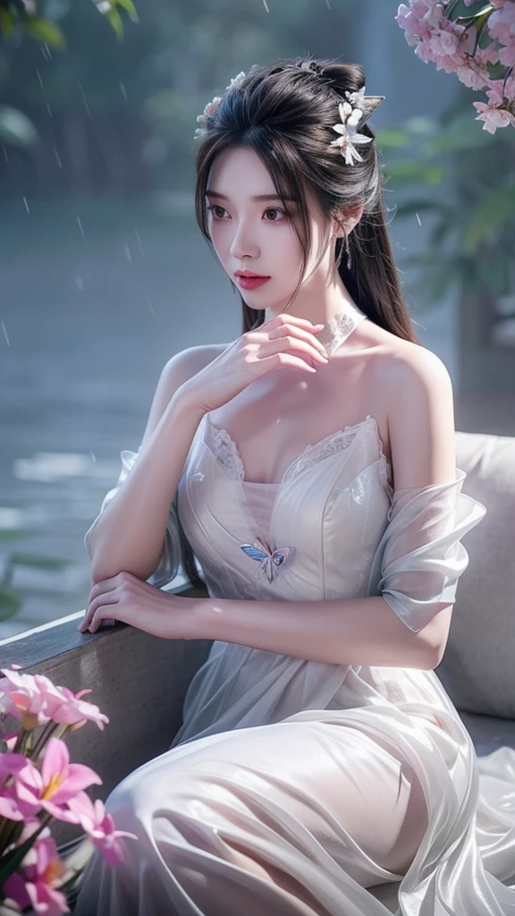 see through、Ren Hao、Show your shoulders、One hand resting on his lips、头发周围有白色Butterfly兰，Lilac dendrobium、orange lily、White Lily、1 girl in、Full body image、white hair、Floating hair、Hazy Beauty、Skin-revealing corset dress，Extremely beautiful facial features、Hairpin on head、Lying in the flowers、Drag your chin with both hands、Perfect hands、Rosette、(spring、Rainy Day、Butterfly、cliff)、 Vector Art、Chinese Contemporary Art、Soft Light、intertwined scarves、look down