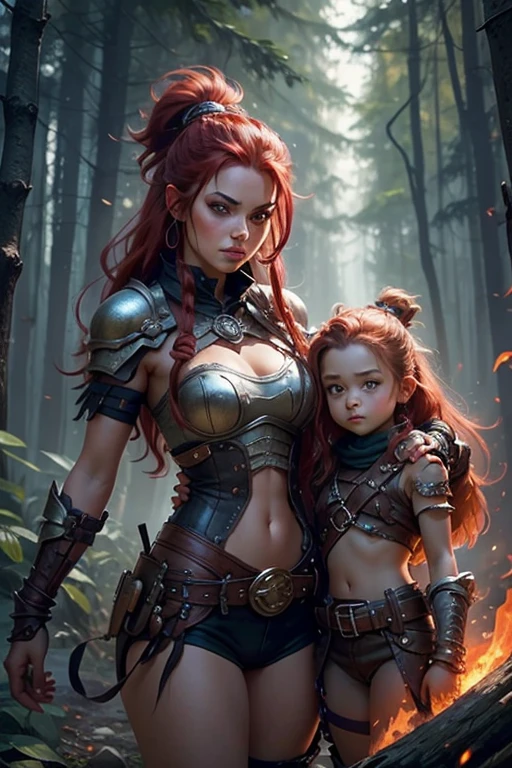 A youg woman warrior figth with a troll she have a flame giant hammer, in dark forest, she have a perfect armour with details in precious Ruby, she have a steampunk style. Ultra realista, perfect face, beautiful eyes, long legs, tallest boots, long red hair, 