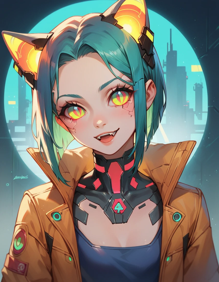 depiction of a 사이버펑크 cat girl,블루스의 네온 컬러 팔레트를 사용하여,푸성귀,그리고 보라색,사이버펑크,기계적 인조 인간 girl,배경,점수_7_위로,점수_8_위로,점수_9,추상적인,사이버펑크 배경,상세한 눈, 귀여운 송곳니 하나, 사이버네틱 임플란트, 기계적 인조 인간,slit p위로ils, 고양이 눈 실루엣,여자 1명,  점수_9,점수_8_위로,점수_7_위로,고등어, 걸작,