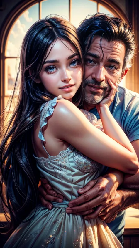 a happy young girl celebrating father's day with her beloved father, beautiful detailed eyes, beautiful detailed lips, extremely...