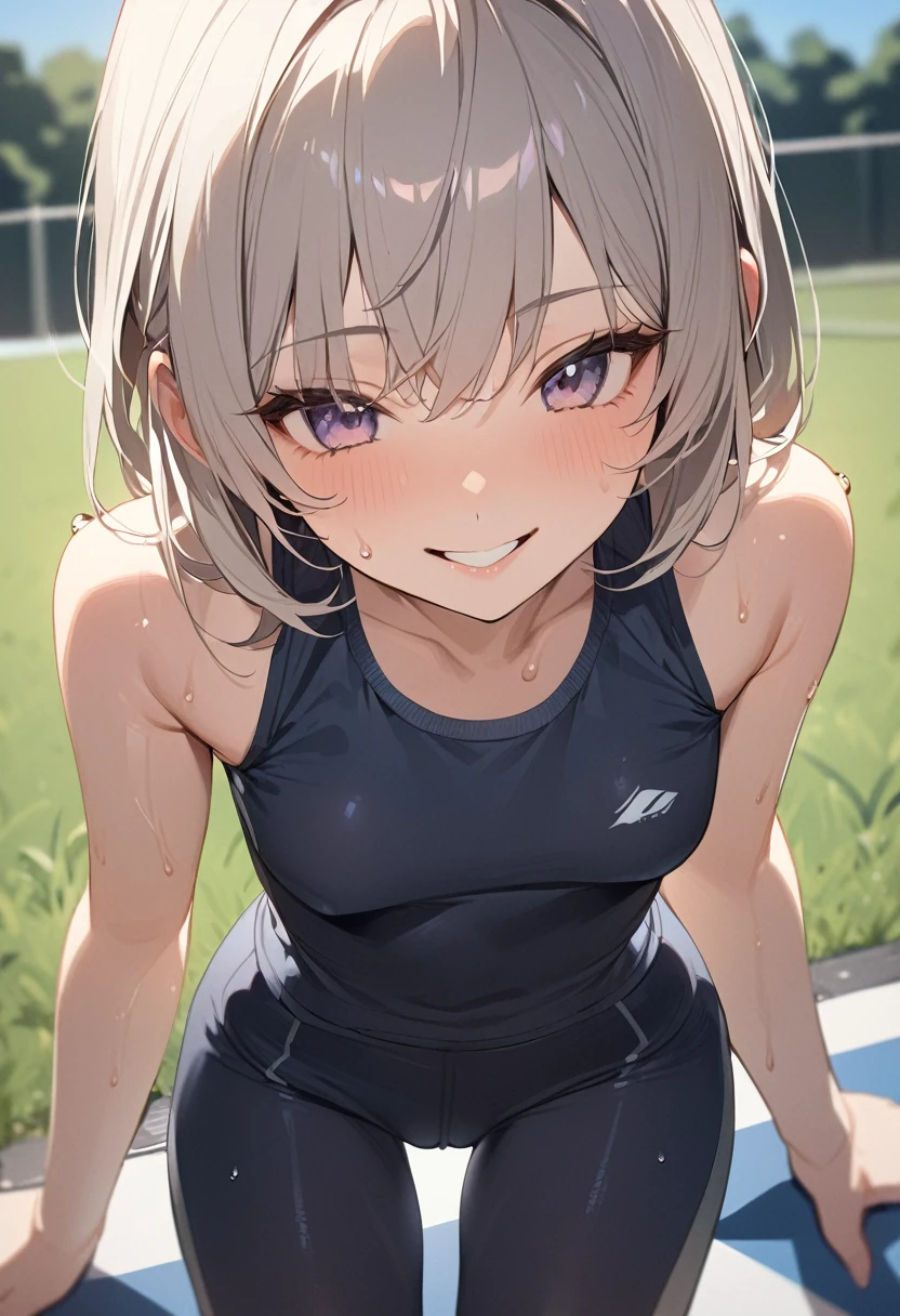 ((One girl)), masterpiece,Highest quality,High resolution、Sweat、Gym suit、Round Neck Shirt、No sleeve、Tight fit、Sportswear、smile、Small breasts、Outdoor
