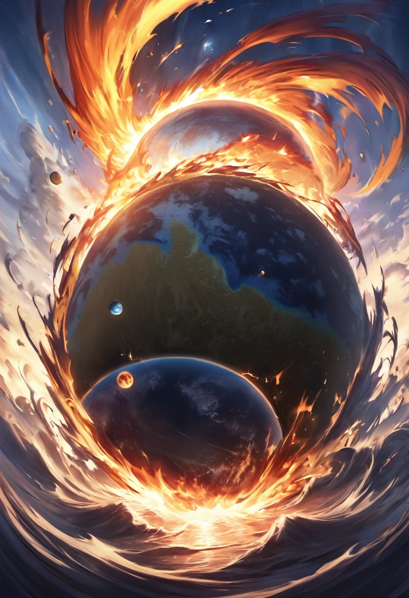 a close up of a planet exploding in the air, a picture by Juan Giménez, reddit, unilalianism, end of world, planet earth exploding, end of the world, destroyed planet, planets crashing, the world is on fire, exploding planet in background, the world on fire, planets colliding, apocalyptic event, world on fire, dark