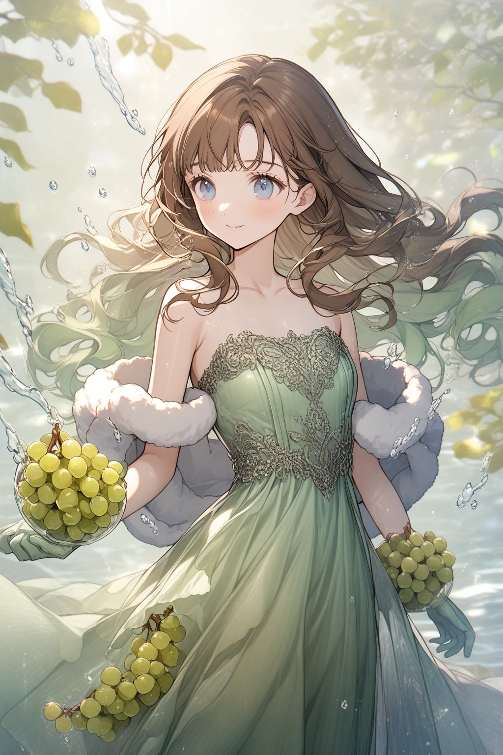 1 girl,  CuteStyle, blue eyes, brown hair, long hair with bangs, flowing hair, upper body, dynamic, dressed in a pale green transparent long dress, strapless dress, sleeveless dress, white shawl with fur trim, shiny dress, water drops, pale green latex gloves, bunches green grapes, detailed, lots of details, beautiful, blush, small smile, delicate tones