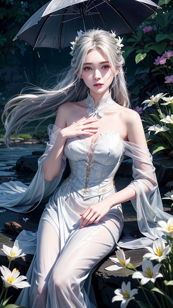 see through、Ren Hao、Show your shoulders、One hand resting on his lips、头发周围有白色Butterfly兰，Lilac dendrobium、orange lily、White Lily、1 girl in、Full body image、white hair、Floating hair、Hazy Beauty、Skin-revealing corset dress，Extremely beautiful facial features、Hairpin on head、Lying in the flowers、Drag your chin with both hands、Perfect hands、Rosette、(spring、Rainy Day、Butterfly、cliff)、 Vector Art、Chinese Contemporary Art、Soft Light、intertwined scarves、look down