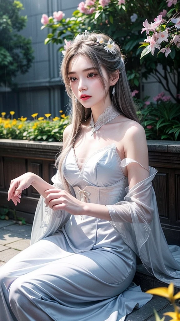 see through、Ren Hao、Show your shoulders、One hand resting on his lips、头发周围有白色Butterfly兰，Lilac dendrobium、orange lily、White Lily、1 girl in、Full body image、white hair、Floating hair、Hazy Beauty、Skin-revealing corset dress，Extremely beautiful facial features、Hairpin on head、Lying in the flowers、Drag your chin with both hands、Perfect hands、Rosette、(spring、Rainy Day、Butterfly、cliff)、 Vector Art、Chinese Contemporary Art、Soft Light、intertwined scarves、look down