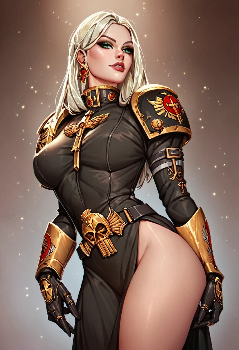 score_9, score_8_up, score_7_up, score_6_up, score_5_up, score_4_up, source_anime, 1girl seductive gorgeous female platinum blonde, solo,, warhammer_40k_commissar, girl, black uniform, hentai
 