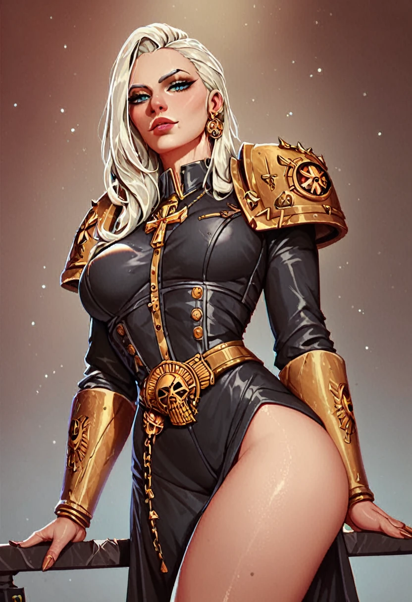 score_9, score_8_up, score_7_up, score_6_up, score_5_up, score_4_up, source_anime, 1girl seductive gorgeous female platinum blonde, solo,, warhammer_40k_commissar, girl, black uniform, hentai
 