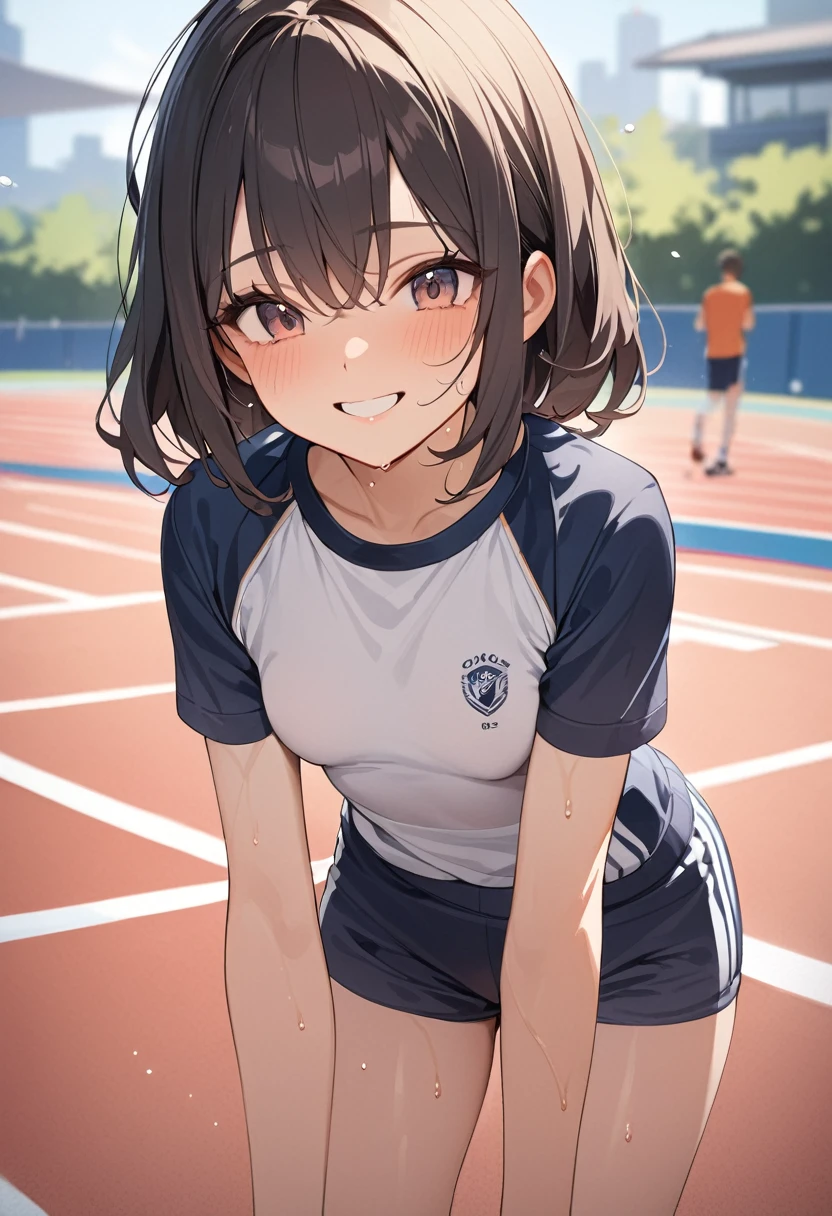 ((One girl)), masterpiece,Highest quality,High resolution、17 years old、cute、Sweat、Gym suit、Round Neck Shirt、No sleeve、Tight fit、Sportswear、smile、Small breasts、Outdoor
