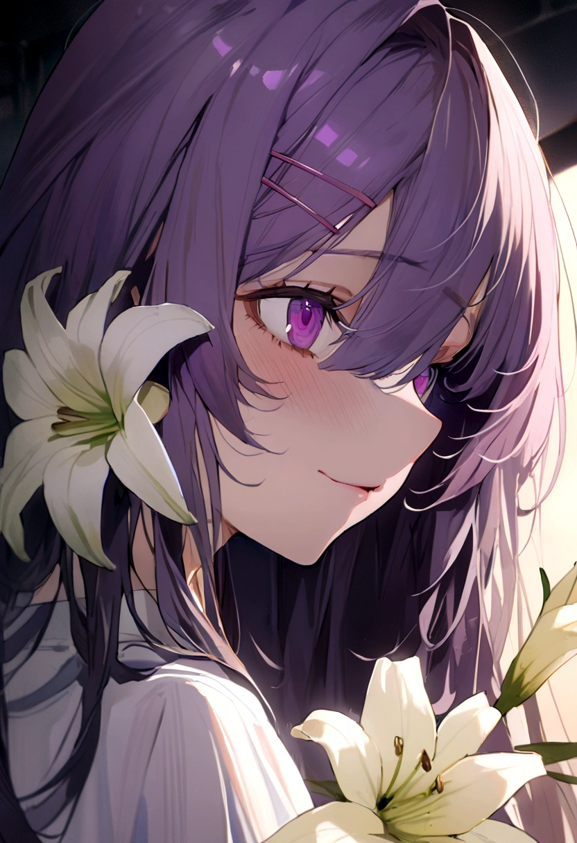 2D, masterpiece, Highest quality, anime, Very detailed, One girl, alone, lily, Purple eyes, Purple Hair, Hair between the eyes, Hair Clip, , yandere face