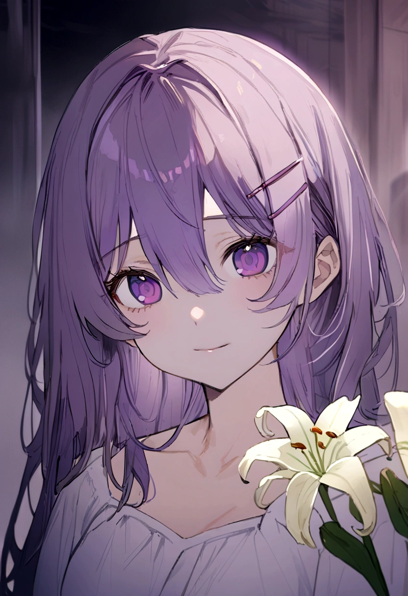 2D, obra de arte, mais alta qualidade, anime, Muito detalhado, Uma garota, sozinho, lírio, olhos roxos, Cabelo roxo, Cabelo entre os olhos, Presilha de cabelo, , Cara de Yandere