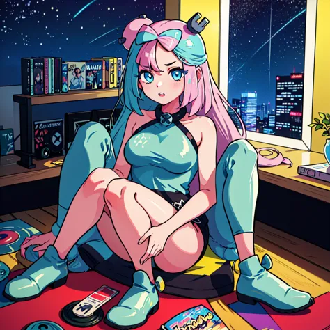 (masterpiece), Highest quality, Expressive eyes, Neon pastel aesthetics, Retro 90s, Neon color,((Girl sitting on sofa,In a cozy ...