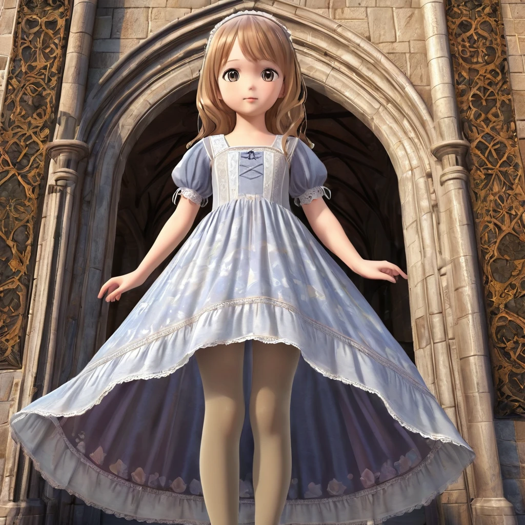 6 year old girl underwear, Realistic panties made of patterned cotton fabric, Medieval One Piece Long Dress, Fabric Realism, Low Angle, You can see the drawer, Pull up the hem of your dress with your hands, Strong winds, Translucent slip, Translucent slip, tights、Peeking from below, Highest quality, Crotch close-up,