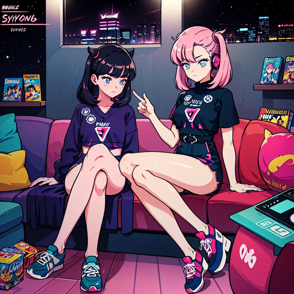 (masterpiece), Highest quality, Expressive eyes, Neon pastel aesthetics, Retro 90s, Neon color,((Girl sitting on sofa,In a cozy room,Records hanging on her wall, Comic books on the floor, Looking out the window behind her at the night city, Upholstered room, Anime figures lined up on a shelf)), Wearing headphones, (All around her it sparkles), (wearing thick colorful sneakers), (blue eyes), (Soft look), (Synthwave Art Style), Colorful Hair, Desk with PC set up