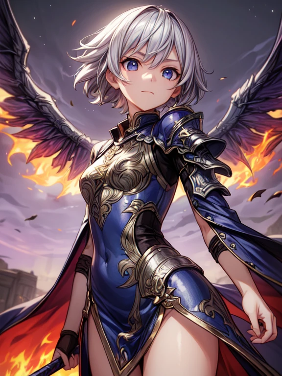 ((Super lovely illustration, 8 k, masterpiece :1.2, sharp focus :1.2, depth of field:1.2)), Beautiful fencer, absurdity, highly detailed face and skin texture, silver hair, jet black armor, fire armor, Cloak, enveloped in flames, a sword, engulfed in flames, flaming wings, determination to overcome sadness, A sign of determination in your tender eyes , strong soul