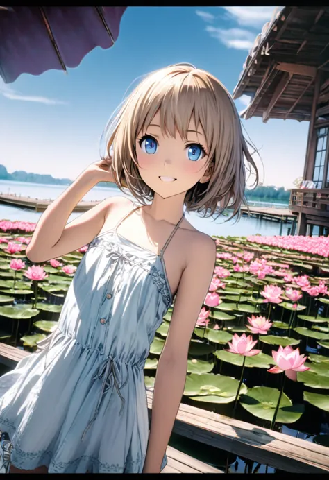 1 girl, 18yo, (flat chest: 1.5), blue eyes, light brown hair, bob cut, early summer outfit, smiling, posing, having fun, upper b...