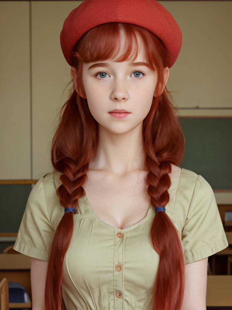 (best quality,4k,8k,highres,masterpiece:1.2),ultra-detailed,(realistic,photorealistic,photo-realistic:1.37), ((classroom, school girl, she wears dress and beret, shy, braided red hair, pale skin)), ((slim body, very large bust size for her young age))