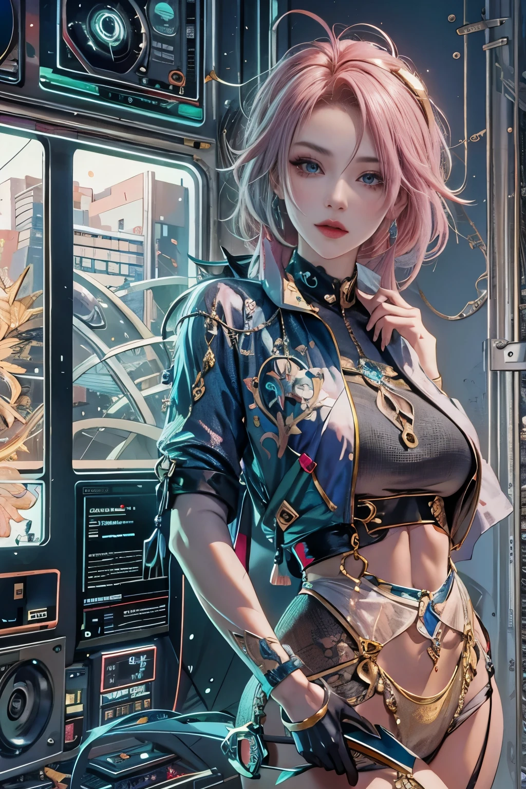 Frau, realistische Charaktere, Grüne Haare und rosa Haare, blaue Augen, Anime-Serie, allein, Modern, cyber punk, groß, Firma, schwankende Büste, dynamische sexy pose