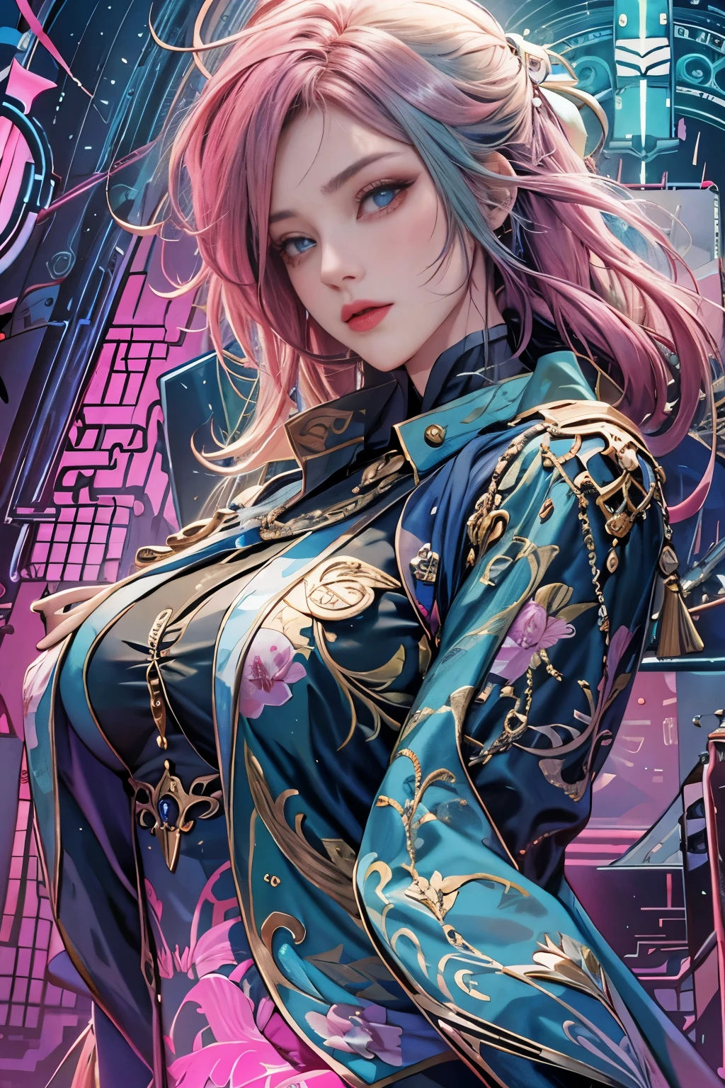woman, Realistic characters, Green hair and pink hair, blue eyes, anime, alone, Modern, cyber punk, Large, firm, swaying bust, Dynamic sexy pose