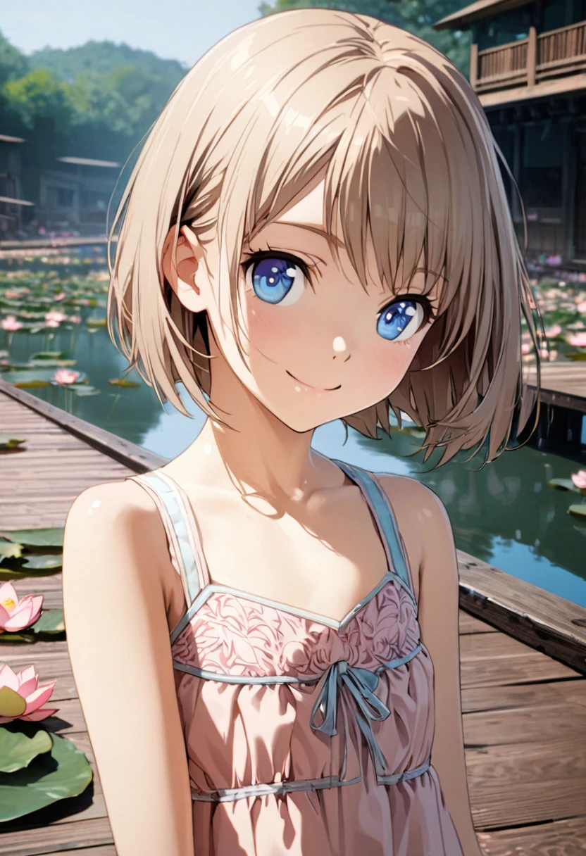 1 girl, 18yo, (flat chest: 1.5), blue eyes, light brown hair, bob cut, early summer outfit, smiling, posing, having fun, upper body, A lotus pond with many blooming lotus flowers, boardwalk, blue sky, 8k, RAW photo, best quality, masterpiece, extremely detailed 8k wallpaper, ultra-detailed, best shadow, detailed background, beautiful detailed face, beautiful detailed eyes, nice hands, perfect hands