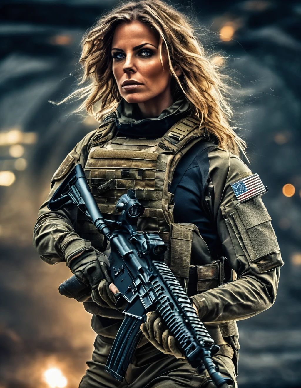 a (altura toda:1.3) pintura digital de (ahwx woman:1.1) as a female special operations soldier, ahwx, Medium length hair, estilizado em grande, Ondas Volumosas., cinematic lighting, epic, inspirador, hdr,