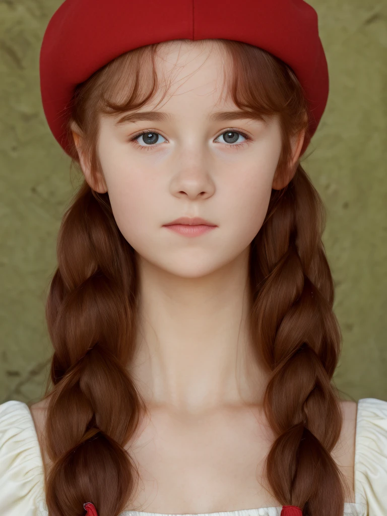 (best quality,4k,8k,highres,masterpiece:1.2),ultra-detailed,(realistic,photorealistic,photo-realistic:1.37), ((classroom, young girl, she wears long dress and beret, shy, braided red hair, pale skin)), ((slim body, very large bust size for her young age))