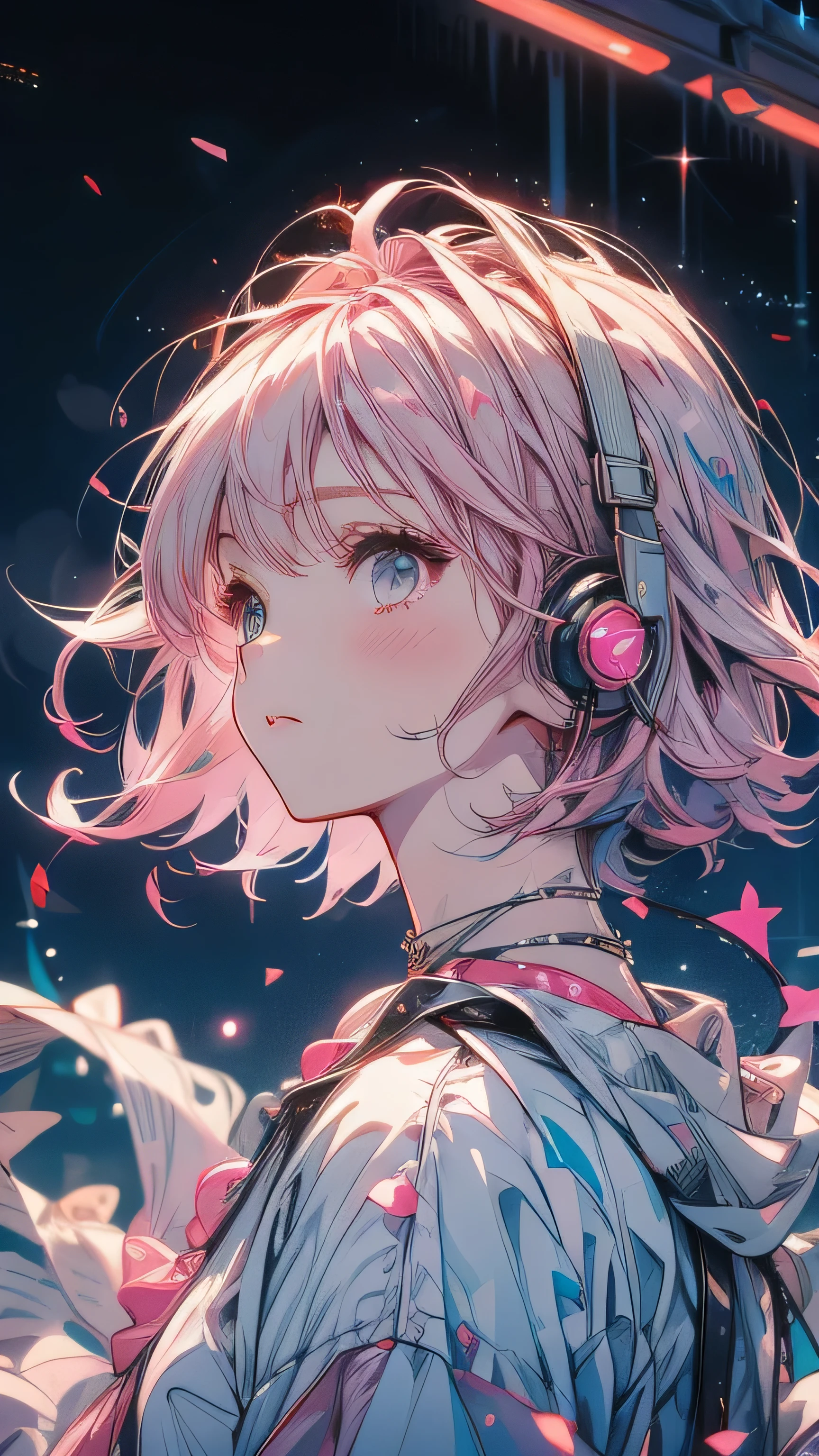 Pink Hair，White camisole，night starry sky background，Sad expression，Double Tail,headphone,night,moon,Star,meteor,Looking up at the stars