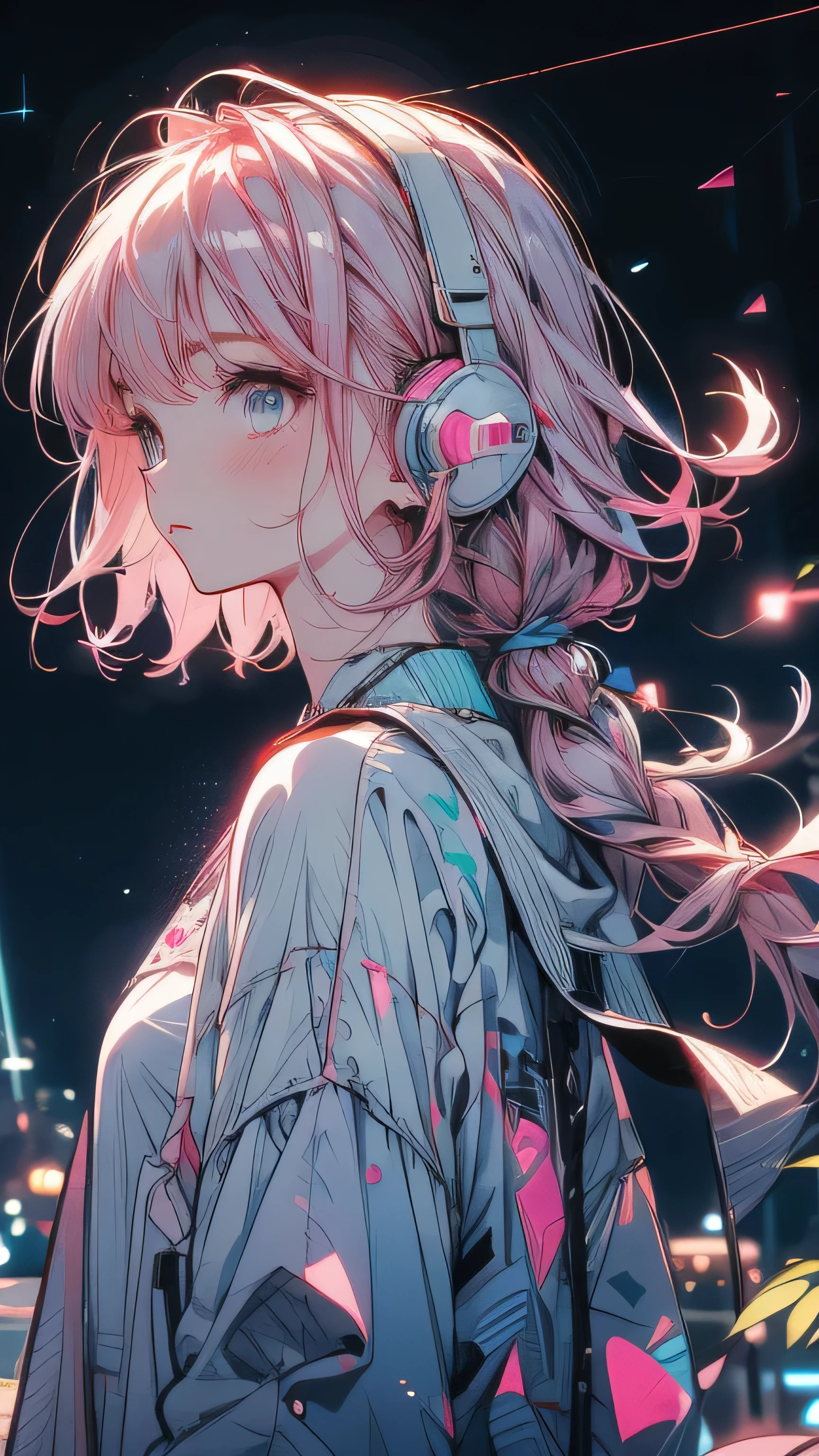 Pink Hair，White camisole，night starry sky background，Sad expression，Double Tail,headphone,night,moon,Star,meteor,Looking up at the stars