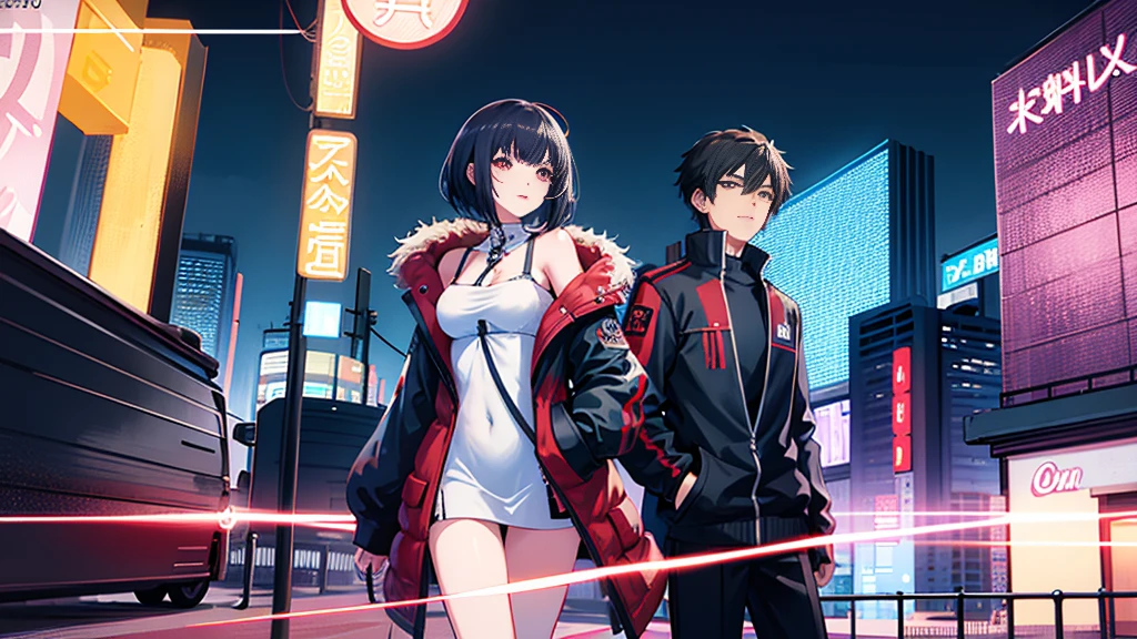 masterpiece,Anime-style illustration showing a young woman in her 20s wearing a futuristic plunging outfit, facing right, Stand in the middle of the street in a cyberpunk nightlife district. Black short Hair, night, black jacket, One Woman, headphone.
