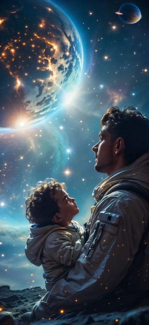 (masterpiece: 1.3), (8K, Practical, RAW photos, best quality: 1.4), A man holding a baby in front of a planet, father with child...