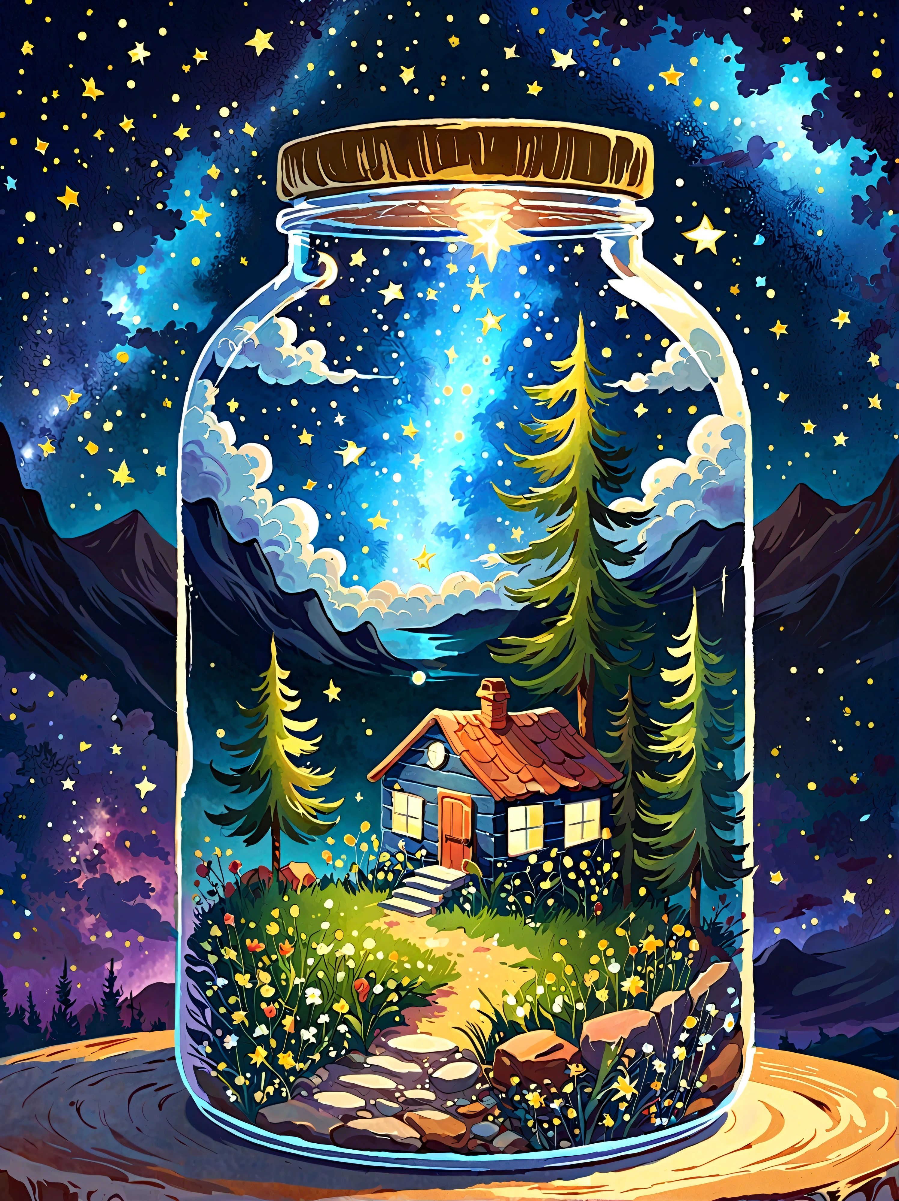 1pzsj1, Masterpiece，Top quality，(Very delicate and beautiful starry sky scenery trapped in a jar), world masterpiece theater, High resolution isometric, Top quality, illustration, Thick coating, canvas, painting, realism, Realism