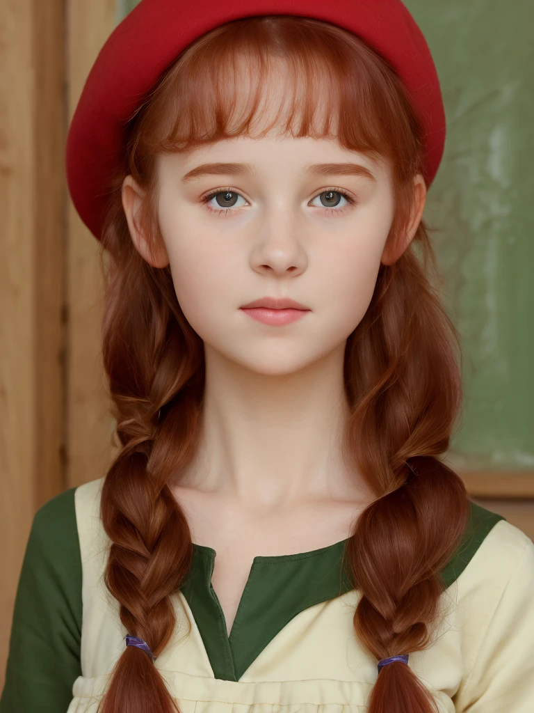 (best quality,4k,8k,highres,masterpiece:1.2),ultra-detailed,(realistic,photorealistic,photo-realistic:1.37), ((a girl in classroom, she wears long dress and beret, shy, braided red hair, pale skin)), ((slim body, very large bust size for her young age))