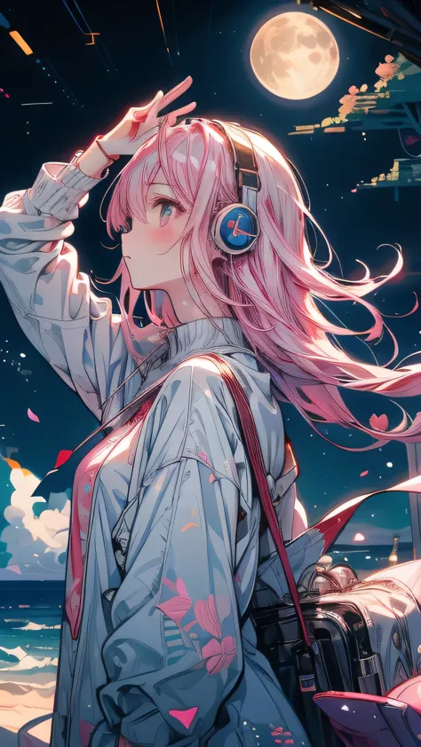 Pink Hair，White underwear，night starry sky background，Sad expression，Double Tail,headphone,night,moon,Star,meteor,Looking up at ...