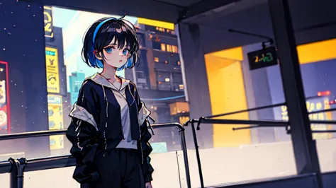 black short hair, night, black jacket, one woman, street, headphone, night city