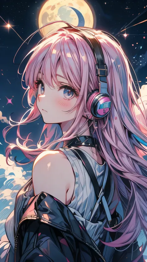 Pink Hair，Wearing a white tank top，night starry sky background，Sad expression，Double Tail,headphone,night,moon,Star,meteor,Looki...