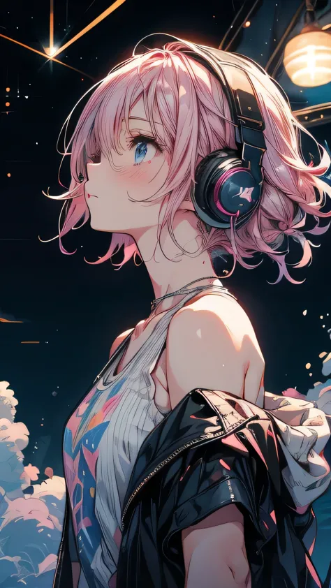 Pink Hair，Wearing a white tank top，night starry sky background，Sad expression，Double Tail,headphone,night,moon,Star,meteor,Looki...