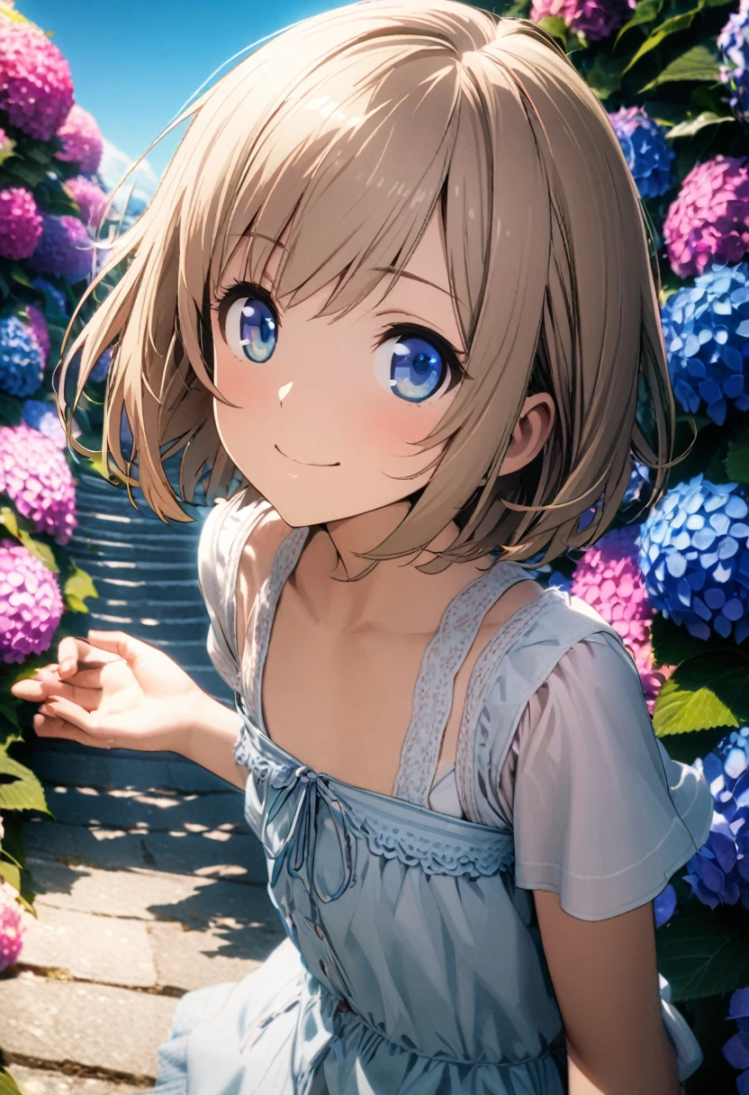 1 girl, 18yo, (flat chest: 1.5), blue eyes, light brown hair, bob cut, early summer outfit, smiling, posing, having fun, upper body, hydrangea garden with many colorful hydrangeas blooming on a slope, path, blue sky, 8k, RAW photo, best quality, masterpiece, extremely detailed 8k wallpaper, ultra-detailed, best shadow, detailed background, beautiful detailed face, beautiful detailed eyes, nice hands, perfect hands