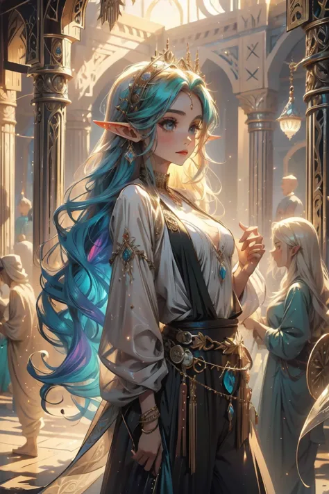 elf girl, arabian clothes , Harem pants , long wavy hair , vivid colors, vibrant colors