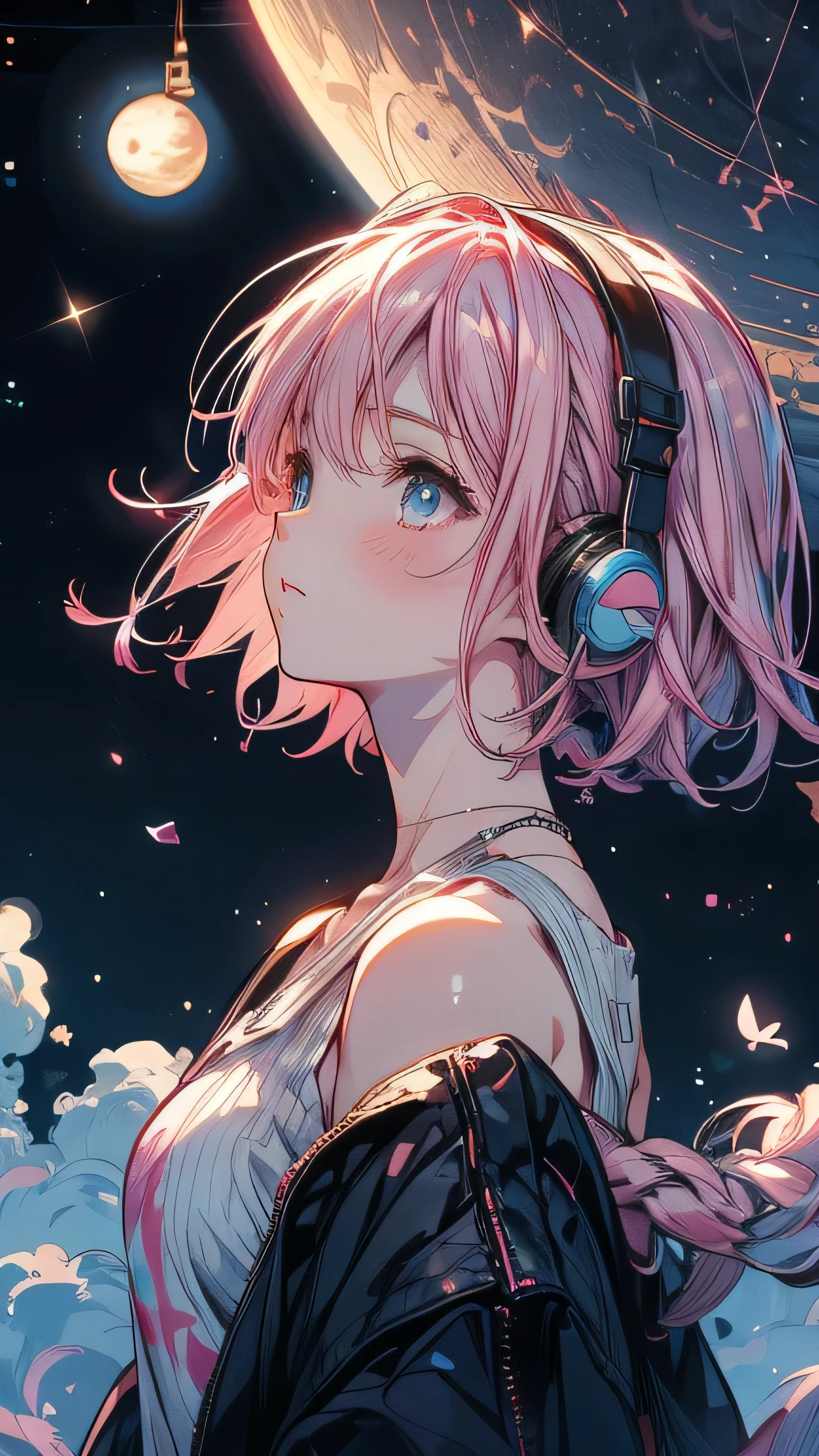 Pink Hair，Wearing a white tank top，night starry sky background，Sad expression，Double Tail,headphone,night,moon,Star,meteor,Looking up at the stars,Full moon,Many Stars,milky way